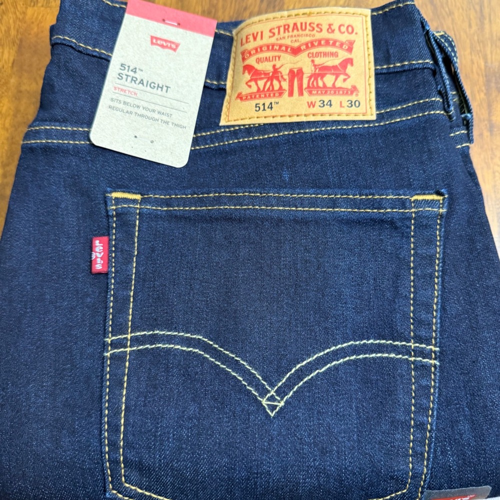 Levi Strauss Co 514 Straight Stretch Dark Wash Denim Jeans Men W34 L30 - Picture 2 of 4